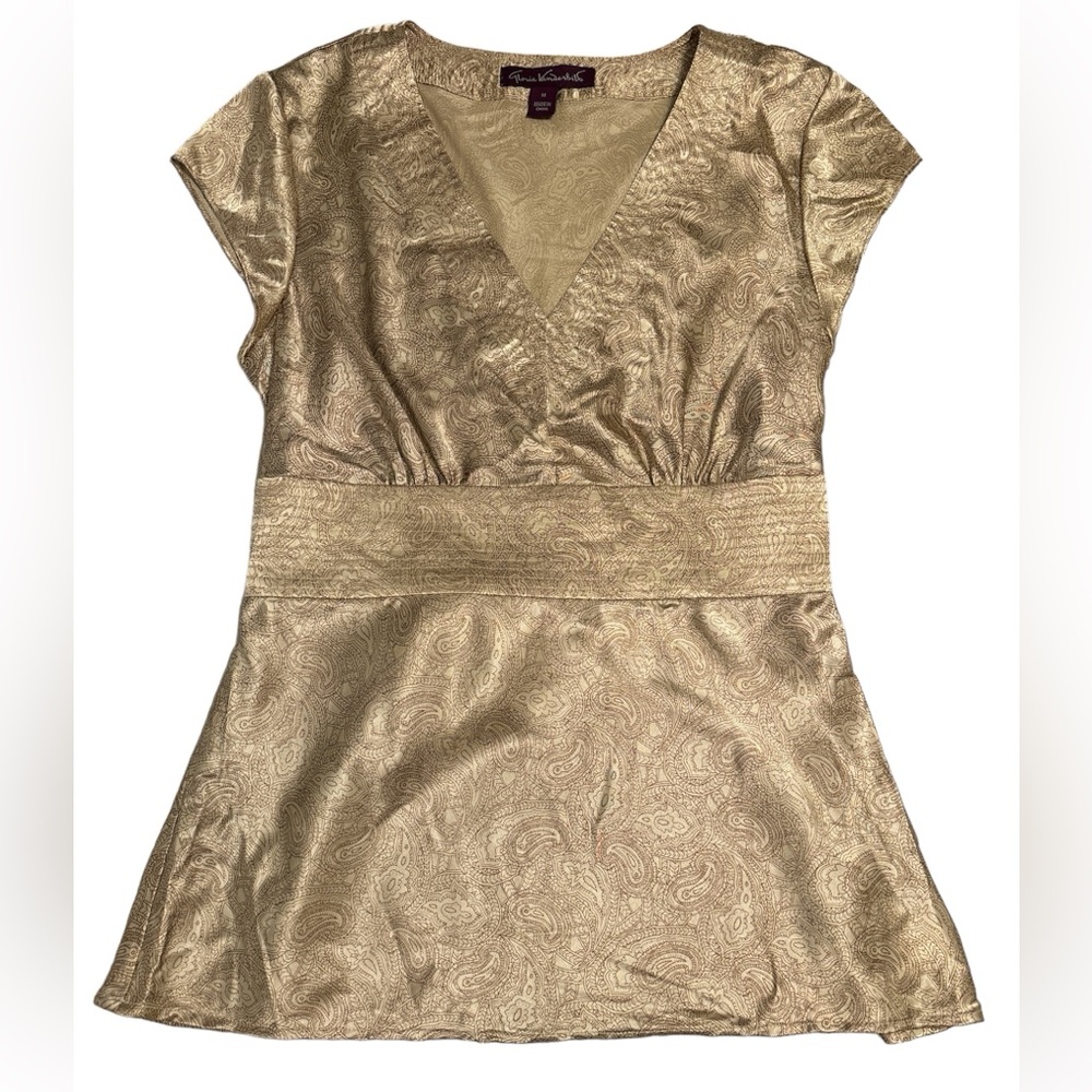 Gloria Vanderbilt Shiny Gold Deep V Paisley Print Fitted Blouse Ladies Size M